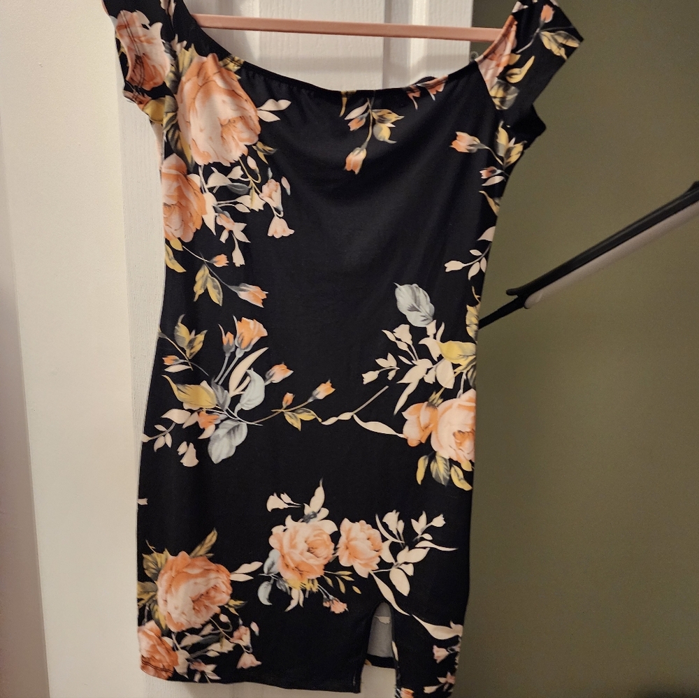 Floral Off-Shoulder Black Dress